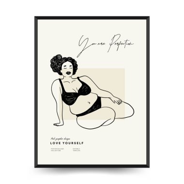 Feminism body positive poster template, wall art with minimalistic female figure, love to own figure, female freedom, girl power isolated vector illustration. Abstract body Art design for print, cover, wallpaper, Minimal wall art.