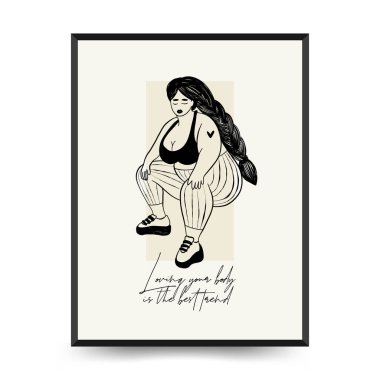 Feminism body positive poster template, wall art with minimalistic female figure, love to own figure, female freedom, girl power isolated vector illustration. Abstract body Art design for print, cover, wallpaper, Minimal wall art.