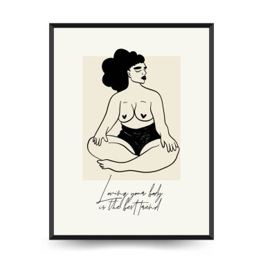 Feminism body positive poster template, wall art with minimalistic female figure, love to own figure, female freedom, girl power isolated vector illustration. Abstract body Art design for print, cover, wallpaper, Minimal wall art.