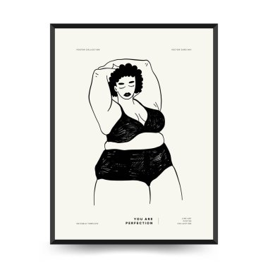Feminism body positive poster template, wall art with minimalistic female figure, love to own figure, female freedom, girl power isolated vector illustration. Abstract body Art design for print, cover, wallpaper, Minimal wall art.