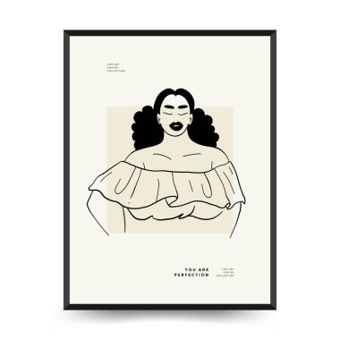 Feminism body positive poster template, wall art with minimalistic female figure, love to own figure, female freedom, girl power isolated vector illustration. Abstract body Art design for print, cover, wallpaper, Minimal wall art.