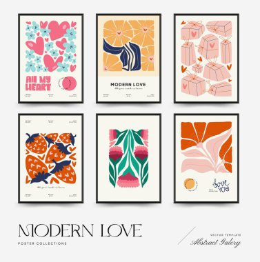 Modern Valentine's day vertical flyer or poster template. Love hand drawn trendy illustration.