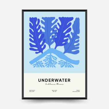 Su altı dünyası, okyanus, deniz, balık ve deniz kabukları dikey uçucu ya da poster şablonu. Modern trend Matisse minimal tarzı. Duvar kağıdı, duvar dekoru, baskı, kartpostal, kapak, şablon, pankart için el çizimi tasarımı.