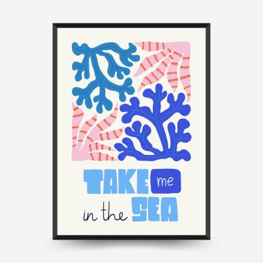 Su altı dünyası, okyanus, deniz, balık ve deniz kabukları dikey uçucu ya da poster şablonu. Modern trend Matisse minimal tarzı. Duvar kağıdı, duvar dekoru, baskı, kartpostal, kapak, şablon, pankart için el çizimi tasarımı.
