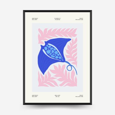 Su altı dünyası, okyanus, deniz, balık ve deniz kabukları dikey uçucu ya da poster şablonu. Modern trend Matisse minimal tarzı. Duvar kağıdı, duvar dekoru, baskı, kartpostal, kapak, şablon, pankart için el çizimi tasarımı.