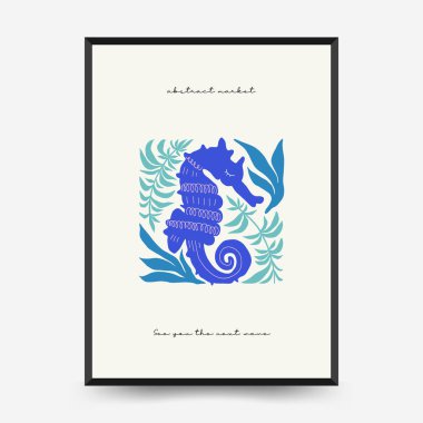Su altı dünyası, okyanus, deniz, balık ve deniz kabukları dikey uçucu ya da poster şablonu. Modern trend Matisse minimal tarzı. Duvar kağıdı, duvar dekoru, baskı, kartpostal, kapak, şablon, pankart için el çizimi tasarımı.