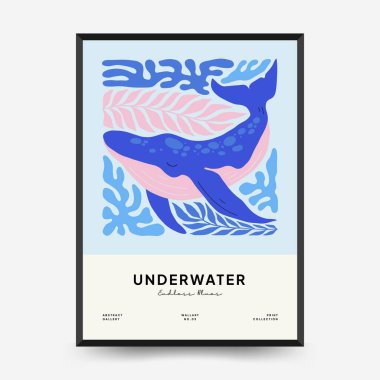 Su altı dünyası, okyanus, deniz, balık ve deniz kabukları dikey uçucu ya da poster şablonu. Modern trend Matisse minimal tarzı. Duvar kağıdı, duvar dekoru, baskı, kartpostal, kapak, şablon, pankart için el çizimi tasarımı.