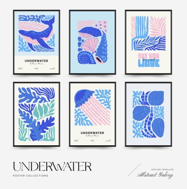 Su altı dünyası, okyanus, deniz, balık ve deniz kabukları dikey uçucu ya da poster şablonu. Modern trend Matisse minimal tarzı. Duvar kağıdı, duvar dekoru, baskı, kartpostal, kapak, şablon, pankart için el çizimi tasarımı.
