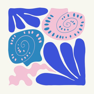 Su altı dünyası, okyanus, deniz, balık ve deniz kabukları dikey uçucu ya da poster şablonu. Modern trend Matisse minimal tarzı. Duvar kağıdı, duvar dekoru, baskı, kartpostal, kapak, şablon, pankart için el çizimi tasarımı.