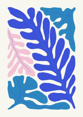 Su altı dünyası, okyanus, deniz, balık ve deniz kabukları dikey uçucu ya da poster şablonu. Modern trend Matisse minimal tarzı. Duvar kağıdı, duvar dekoru, baskı, kartpostal, kapak, şablon, pankart için el çizimi tasarımı.