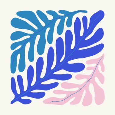 Su altı dünyası, okyanus, deniz, balık ve deniz kabukları dikey uçucu ya da poster şablonu. Modern trend Matisse minimal tarzı. Duvar kağıdı, duvar dekoru, baskı, kartpostal, kapak, şablon, pankart için el çizimi tasarımı.