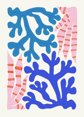 Su altı dünyası, okyanus, deniz, balık ve deniz kabukları dikey uçucu ya da poster şablonu. Modern trend Matisse minimal tarzı. Duvar kağıdı, duvar dekoru, baskı, kartpostal, kapak, şablon, pankart için el çizimi tasarımı.