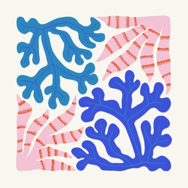 Su altı dünyası, okyanus, deniz, balık ve deniz kabukları dikey uçucu ya da poster şablonu. Modern trend Matisse minimal tarzı. Duvar kağıdı, duvar dekoru, baskı, kartpostal, kapak, şablon, pankart için el çizimi tasarımı.