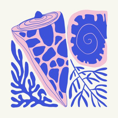 Su altı dünyası, okyanus, deniz, balık ve deniz kabukları dikey uçucu ya da poster şablonu. Modern trend Matisse minimal tarzı. Duvar kağıdı, duvar dekoru, baskı, kartpostal, kapak, şablon, pankart için el çizimi tasarımı.