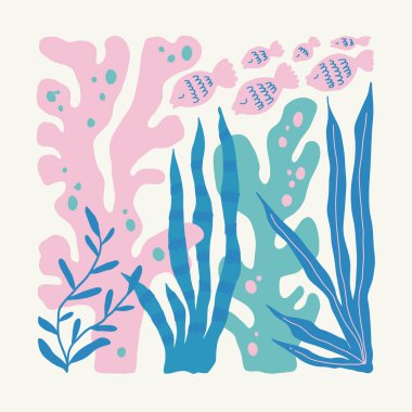 Su altı dünyası, okyanus, deniz, balık ve deniz kabukları dikey uçucu ya da poster şablonu. Modern trend Matisse minimal tarzı. Duvar kağıdı, duvar dekoru, baskı, kartpostal, kapak, şablon, pankart için el çizimi tasarımı.