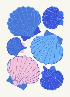 Su altı dünyası, okyanus, deniz, balık ve deniz kabukları dikey uçucu ya da poster şablonu. Modern trend Matisse minimal tarzı. Duvar kağıdı, duvar dekoru, baskı, kartpostal, kapak, şablon, pankart için el çizimi tasarımı.