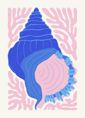 Su altı dünyası, okyanus, deniz, balık ve deniz kabukları dikey uçucu ya da poster şablonu. Modern trend Matisse minimal tarzı. Duvar kağıdı, duvar dekoru, baskı, kartpostal, kapak, şablon, pankart için el çizimi tasarımı.