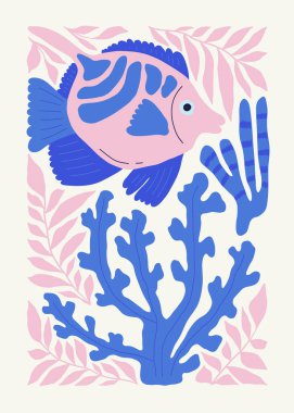 Su altı dünyası, okyanus, deniz, balık ve deniz kabukları dikey uçucu ya da poster şablonu. Modern trend Matisse minimal tarzı. Duvar kağıdı, duvar dekoru, baskı, kartpostal, kapak, şablon, pankart için el çizimi tasarımı.