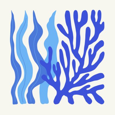 Su altı dünyası, okyanus, deniz, balık ve deniz kabukları dikey uçucu ya da poster şablonu. Modern trend Matisse minimal tarzı. Duvar kağıdı, duvar dekoru, baskı, kartpostal, kapak, şablon, pankart için el çizimi tasarımı.