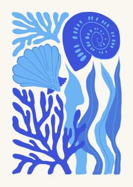 Su altı dünyası, okyanus, deniz, balık ve deniz kabukları dikey uçucu ya da poster şablonu. Modern trend Matisse minimal tarzı. Duvar kağıdı, duvar dekoru, baskı, kartpostal, kapak, şablon, pankart için el çizimi tasarımı.