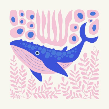 Su altı dünyası, okyanus, deniz, balık ve deniz kabukları dikey uçucu ya da poster şablonu. Modern trend Matisse minimal tarzı. Duvar kağıdı, duvar dekoru, baskı, kartpostal, kapak, şablon, pankart için el çizimi tasarımı.