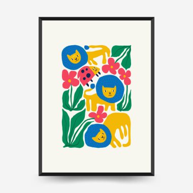 Soyut çiçek posterleri şablonu. Modern trend Matisse minimal tarzı. Pembe ve mavi renkler. Duvar kağıdı, duvar dekoru, baskı, kartpostal, kapak, şablon, pankart için el çizimi tasarımı. 