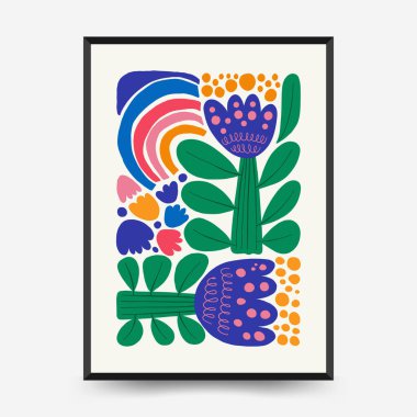 Soyut çiçek posterleri şablonu. Modern trend Matisse minimal tarzı. Pembe ve mavi renkler. Duvar kağıdı, duvar dekoru, baskı, kartpostal, kapak, şablon, pankart için el çizimi tasarımı. 