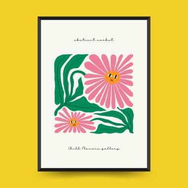 Soyut çiçek posterleri şablonu. Modern trend Matisse minimal tarzı. Pembe ve mavi renkler. Duvar kağıdı, duvar dekoru, baskı, kartpostal, kapak, şablon, pankart için el çizimi tasarımı. 