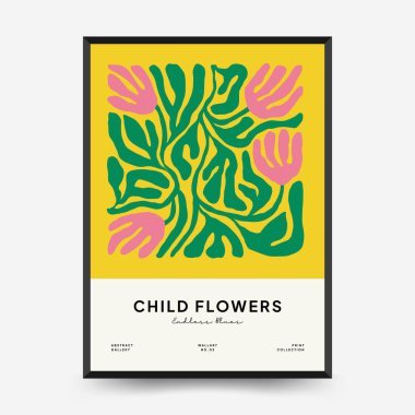 Soyut çiçek posterleri şablonu. Modern trend Matisse minimal tarzı. Pembe ve mavi renkler. Duvar kağıdı, duvar dekoru, baskı, kartpostal, kapak, şablon, pankart için el çizimi tasarımı. 