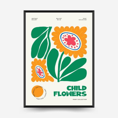 Soyut çiçek posterleri şablonu. Modern trend Matisse minimal tarzı. Pembe ve mavi renkler. Duvar kağıdı, duvar dekoru, baskı, kartpostal, kapak, şablon, pankart için el çizimi tasarımı. 