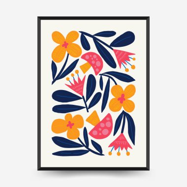 Soyut çiçek posterleri şablonu. Modern trend Matisse minimal tarzı. Pembe ve mavi renkler. Duvar kağıdı, duvar dekoru, baskı, kartpostal, kapak, şablon, pankart için el çizimi tasarımı. 