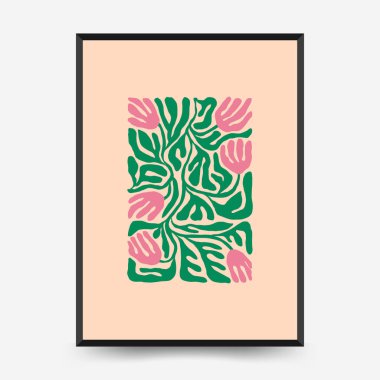 Soyut çiçek posterleri şablonu. Modern trend Matisse minimal tarzı. Pembe ve mavi renkler. Duvar kağıdı, duvar dekoru, baskı, kartpostal, kapak, şablon, pankart için el çizimi tasarımı. 