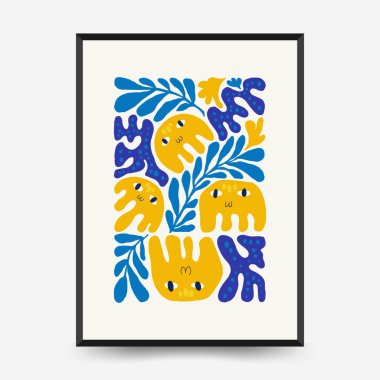 Soyut çiçek posterleri şablonu. Modern trend Matisse minimal tarzı. Pembe ve mavi renkler. Duvar kağıdı, duvar dekoru, baskı, kartpostal, kapak, şablon, pankart için el çizimi tasarımı. 