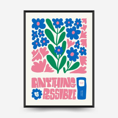 Soyut çiçek posterleri şablonu. Modern trend Matisse minimal tarzı. Pembe ve mavi renkler. Duvar kağıdı, duvar dekoru, baskı, kartpostal, kapak, şablon, pankart için el çizimi tasarımı. 