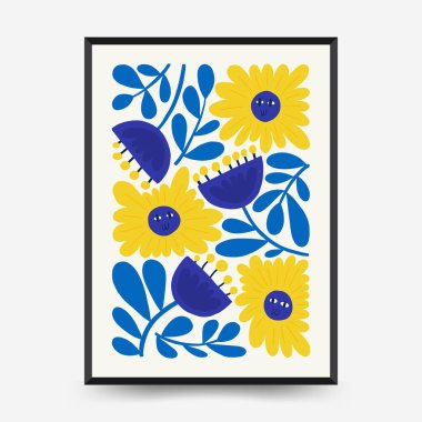 Soyut çiçek posterleri şablonu. Modern trend Matisse minimal tarzı. Pembe ve mavi renkler. Duvar kağıdı, duvar dekoru, baskı, kartpostal, kapak, şablon, pankart için el çizimi tasarımı. 