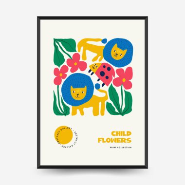 Soyut çiçek posterleri şablonu. Modern trend Matisse minimal tarzı. Pembe ve mavi renkler. Duvar kağıdı, duvar dekoru, baskı, kartpostal, kapak, şablon, pankart için el çizimi tasarımı. 