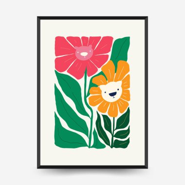 Soyut çiçek posterleri şablonu. Modern trend Matisse minimal tarzı. Pembe ve mavi renkler. Duvar kağıdı, duvar dekoru, baskı, kartpostal, kapak, şablon, pankart için el çizimi tasarımı. 