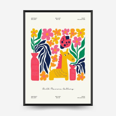 Soyut çiçek posterleri şablonu. Modern trend Matisse minimal tarzı. Pembe ve mavi renkler. Duvar kağıdı, duvar dekoru, baskı, kartpostal, kapak, şablon, pankart için el çizimi tasarımı. 