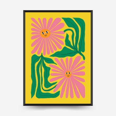 Soyut çiçek posterleri şablonu. Modern trend Matisse minimal tarzı. Pembe ve mavi renkler. Duvar kağıdı, duvar dekoru, baskı, kartpostal, kapak, şablon, pankart için el çizimi tasarımı. 