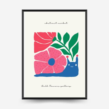 Soyut çiçek posterleri şablonu. Modern trend Matisse minimal tarzı. Pembe ve mavi renkler. Duvar kağıdı, duvar dekoru, baskı, kartpostal, kapak, şablon, pankart için el çizimi tasarımı. 