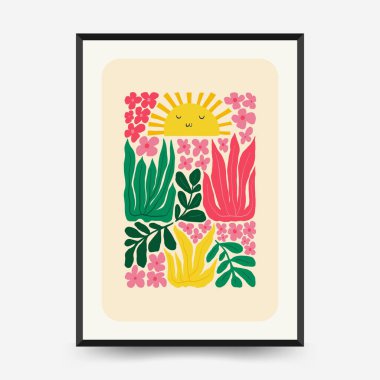 Soyut çiçek posterleri şablonu. Modern trend Matisse minimal tarzı. Pembe ve mavi renkler. Duvar kağıdı, duvar dekoru, baskı, kartpostal, kapak, şablon, pankart için el çizimi tasarımı. 