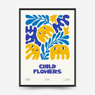 Soyut çiçek posterleri şablonu. Modern trend Matisse minimal tarzı. Pembe ve mavi renkler. Duvar kağıdı, duvar dekoru, baskı, kartpostal, kapak, şablon, pankart için el çizimi tasarımı. 