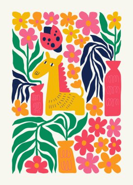 Çiçek soyut elementler. Botanik kompozisyonu. Modern trend Matisse minimal tarzı. Çiçek posteri, davet. Tebrik kartı veya davet tasarımı için vektör düzenlemeleri