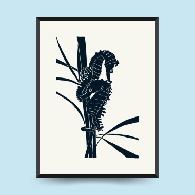 Soyut okyanus ve deniz posterleri şablonları. Modern deniz botanik modası siyah stil. Antika yosun, balık, kabuk. Mürekkep duvarı sanatı.