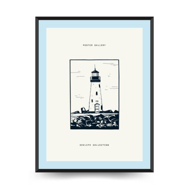 Soyut okyanus ve deniz posterleri şablonları. Modern deniz botanik modası siyah stil. Antika yosun, balık, kabuk. Mürekkep duvarı sanatı.