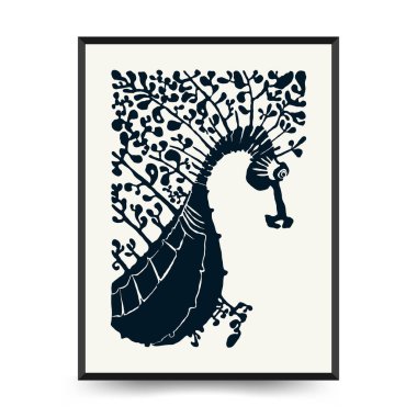 Soyut okyanus ve deniz posterleri şablonları. Modern deniz botanik modası siyah stil. Antika yosun, balık, kabuk. Mürekkep duvarı sanatı.