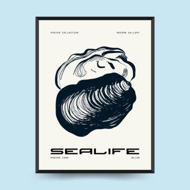 Soyut okyanus ve deniz posterleri şablonları. Modern deniz botanik modası siyah stil. Antika yosun, balık, kabuk. Mürekkep duvarı sanatı.
