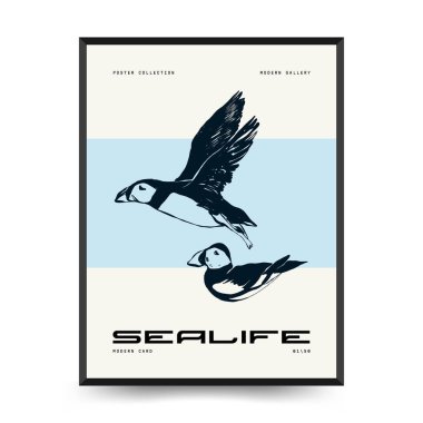 Soyut okyanus ve deniz posterleri şablonları. Modern deniz botanik modası siyah stil. Antika yosun, balık, kabuk. Mürekkep duvarı sanatı.