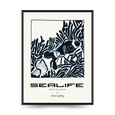 Soyut okyanus ve deniz posterleri şablonları. Modern deniz botanik modası siyah stil. Antika yosun, balık, kabuk. Mürekkep duvarı sanatı.