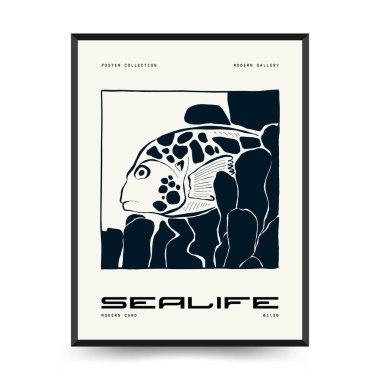 Soyut okyanus ve deniz posterleri şablonları. Modern deniz botanik modası siyah stil. Antika yosun, balık, kabuk. Mürekkep duvarı sanatı.